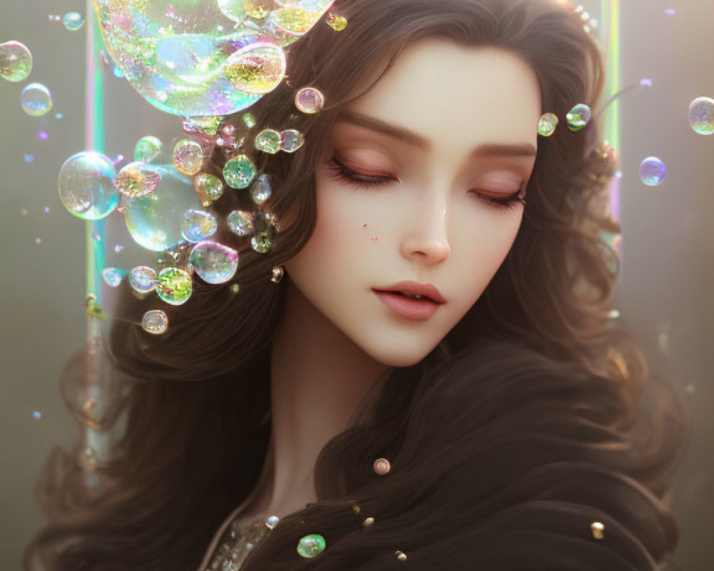 Illustrated woman with long wavy hair in sparkling bubble environment