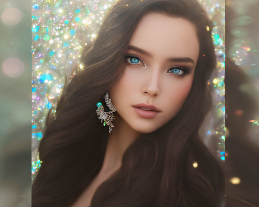 Digital artwork: Woman with dark hair, blue eyes, and sparkling earring on bokeh background