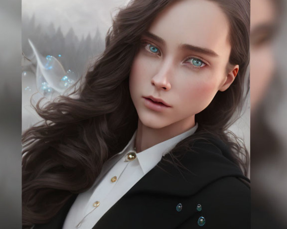 Digital Artwork: Woman with Blue Eyes and Flowing Hair in Black Coat with Green Jewels in