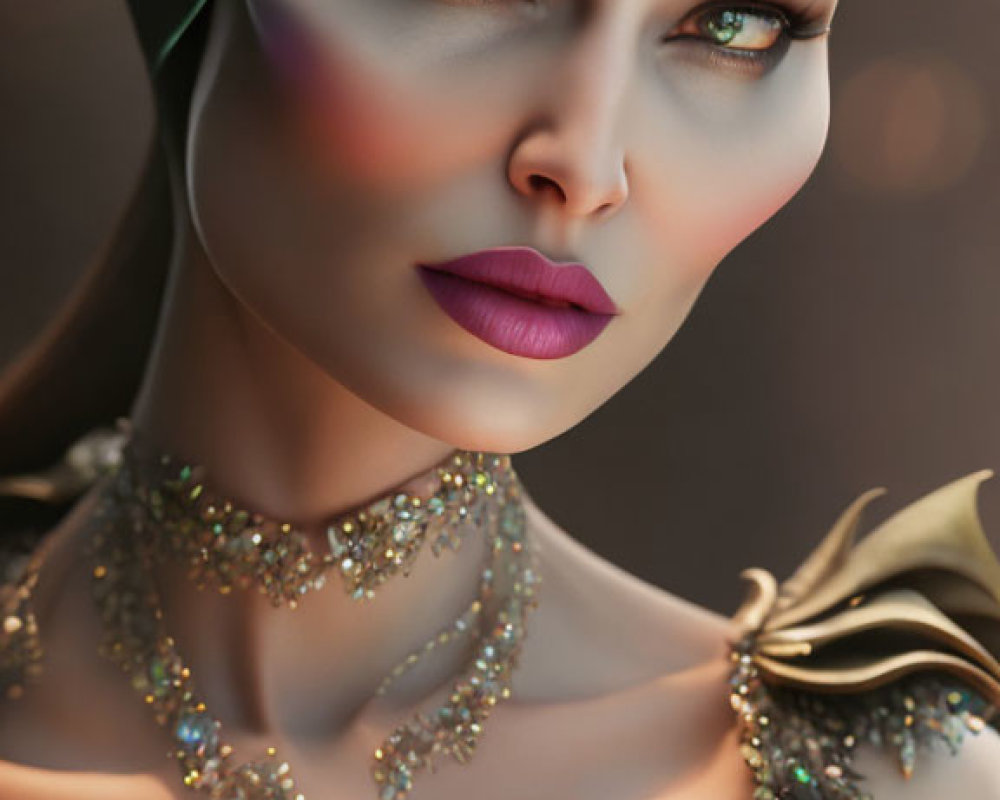 Illustration: Woman with Green Eyes, Tiara, Jewelry, Gold Outfit