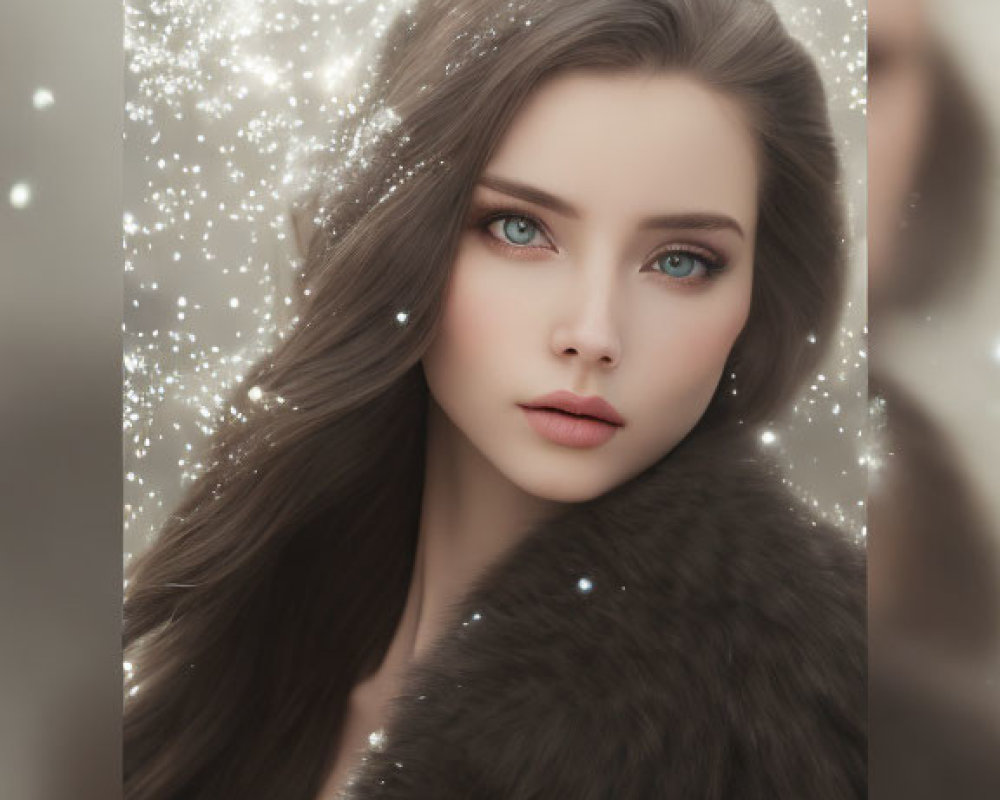 Digital artwork featuring woman with long brown hair and blue eyes in fur coat amid sparkling particles.