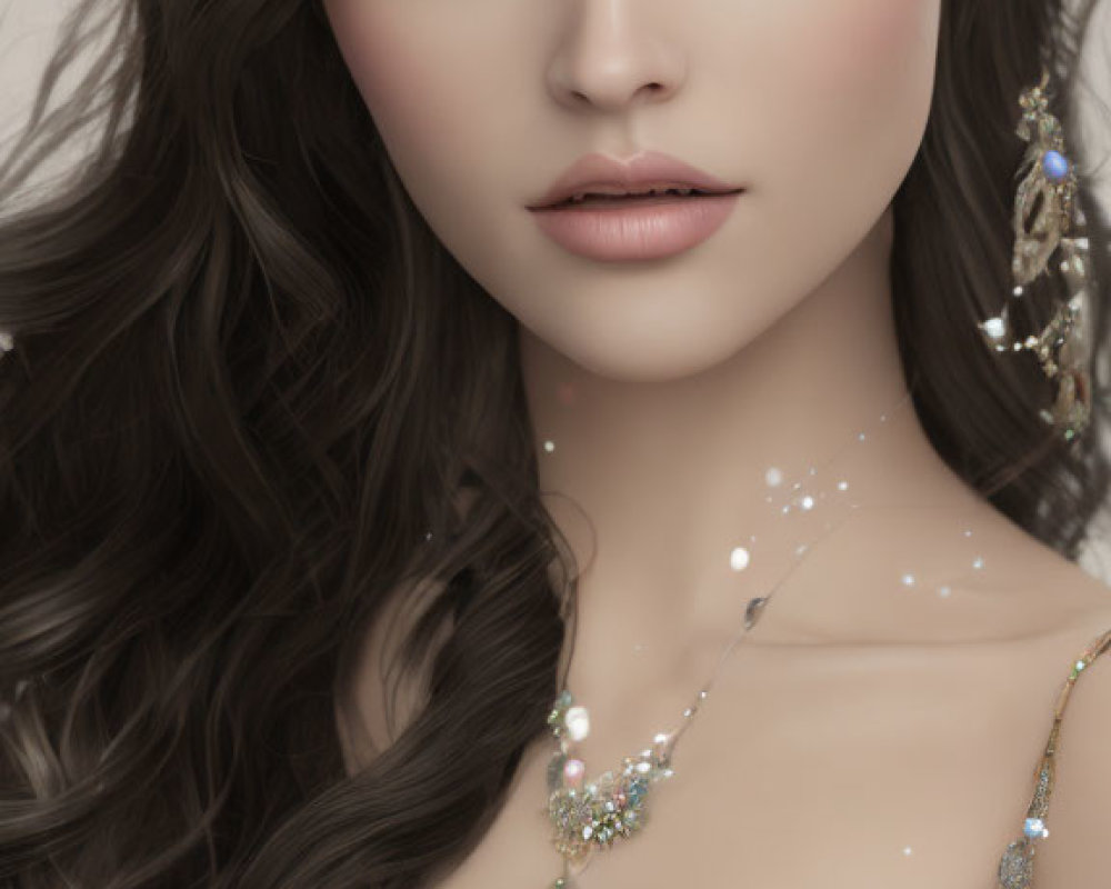 Dark Wavy Hair Woman in Shimmering Jewelry and Sparkly Outfit