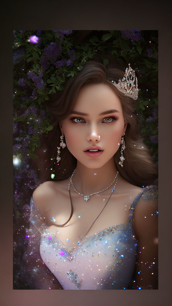 Digital Artwork: Woman with Crown and Jewelry Among Purple Flowers