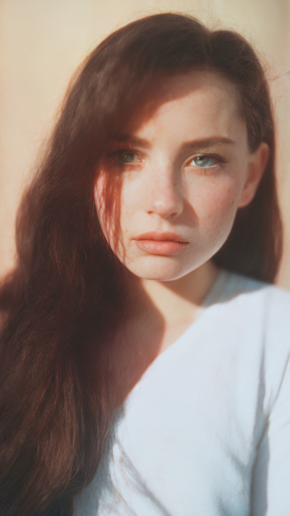 Portrait of woman with long brown hair, freckles, and blue eyes in subtle sunlight.