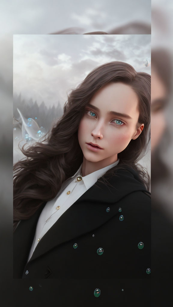 Digital Artwork: Woman with Blue Eyes and Flowing Hair in Black Coat with Green Jewels in