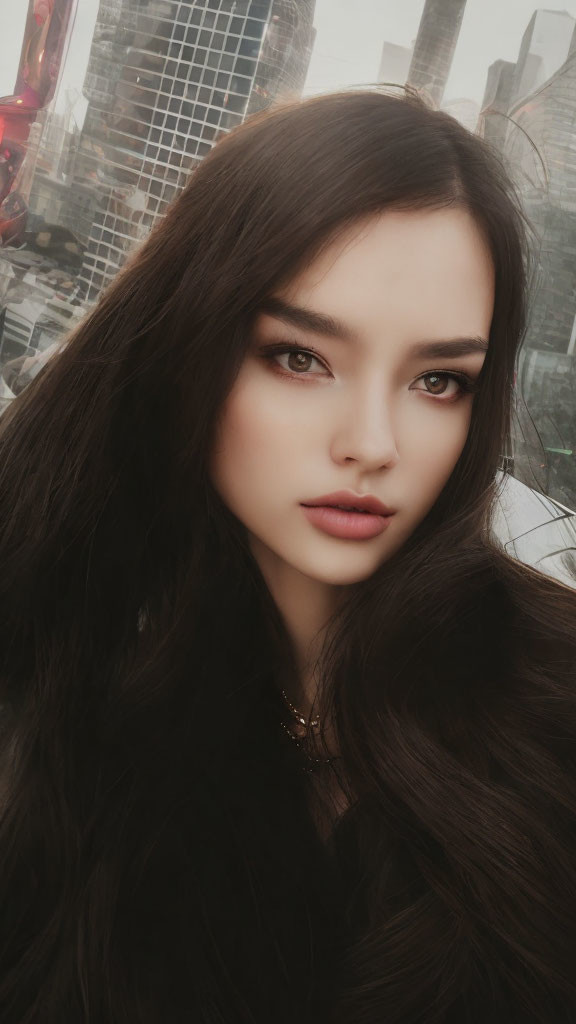 Portrait of a Woman with Long Black Hair and Pink Lipstick on Cityscape Background