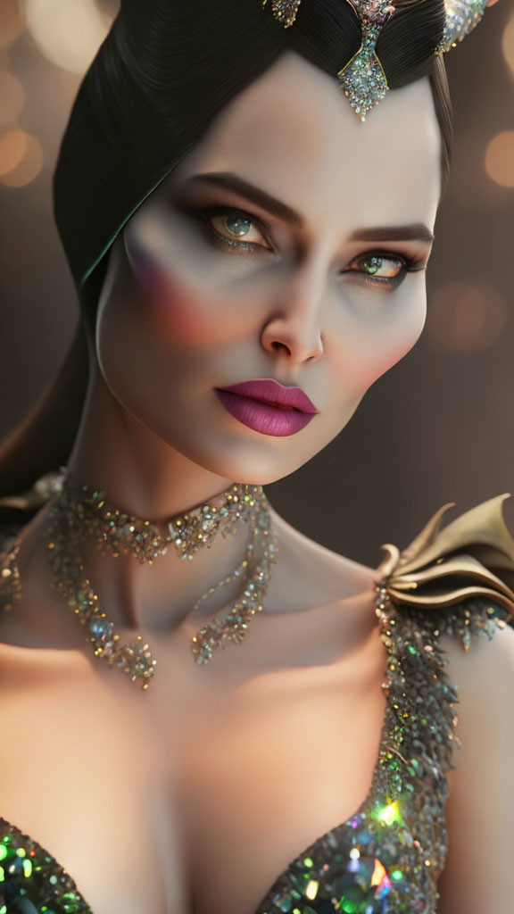 Illustration: Woman with Green Eyes, Tiara, Jewelry, Gold Outfit