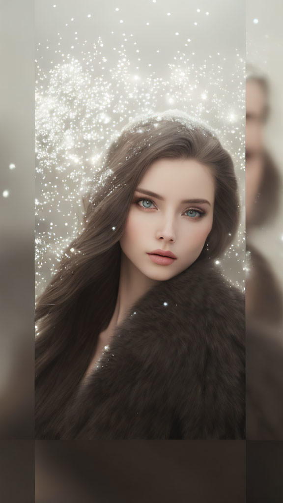 Digital artwork featuring woman with long brown hair and blue eyes in fur coat amid sparkling particles.