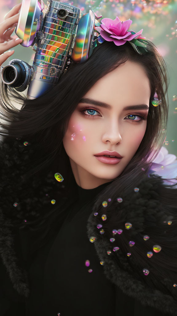 Digital artwork of woman with blue eyes, camera headpiece, bubbles, and lights