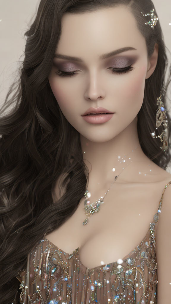 Dark Wavy Hair Woman in Shimmering Jewelry and Sparkly Outfit