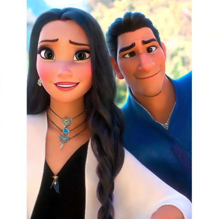 Animated characters with long black hair and confident smile standing together.