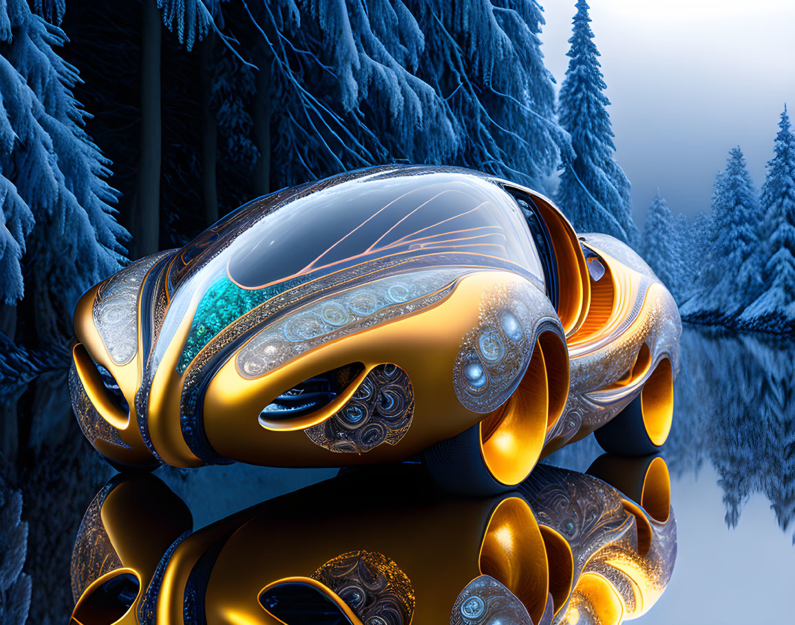 Golden Futuristic Vehicle with Illuminated Accents in Snowy Landscape