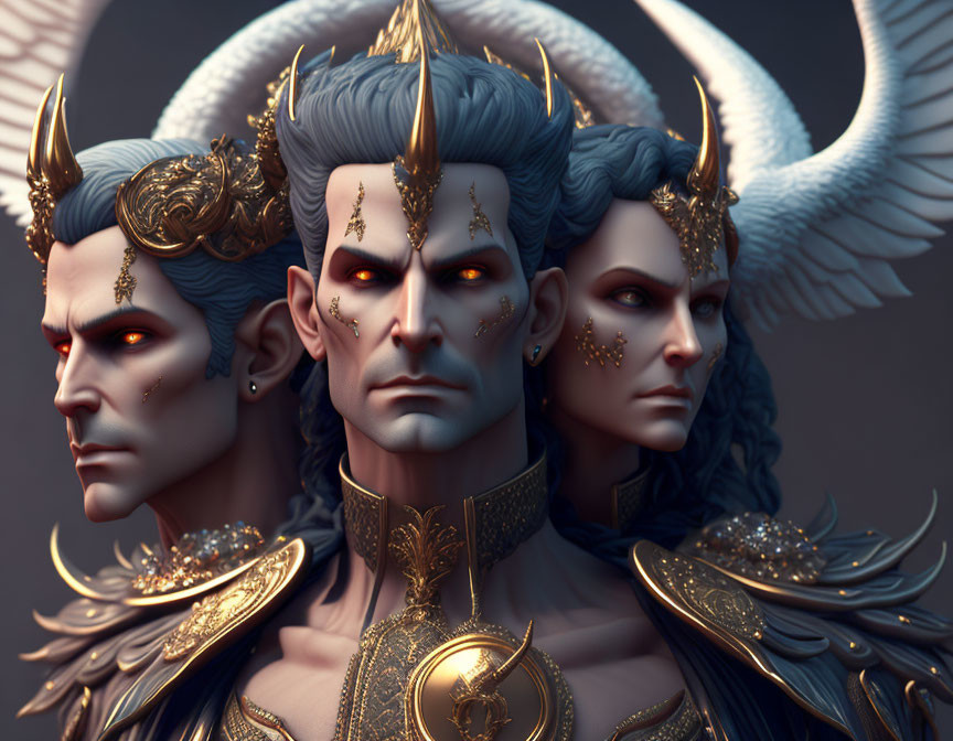 Detailed Fantasy Characters with Horns and Gold Accents on Neutral Background