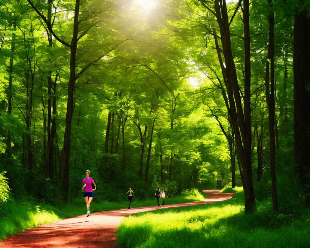 Verdant canopy sunlight on jogging path through lush greenery