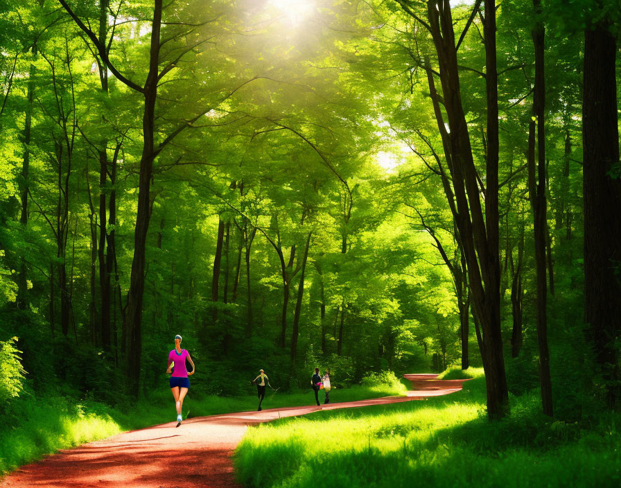 Verdant canopy sunlight on jogging path through lush greenery