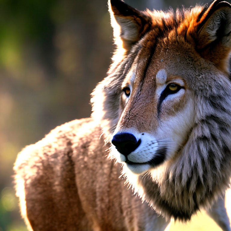 Detailed Close-Up of Wolf with Soft Gaze Backlit in Natural Golden Hour Setting