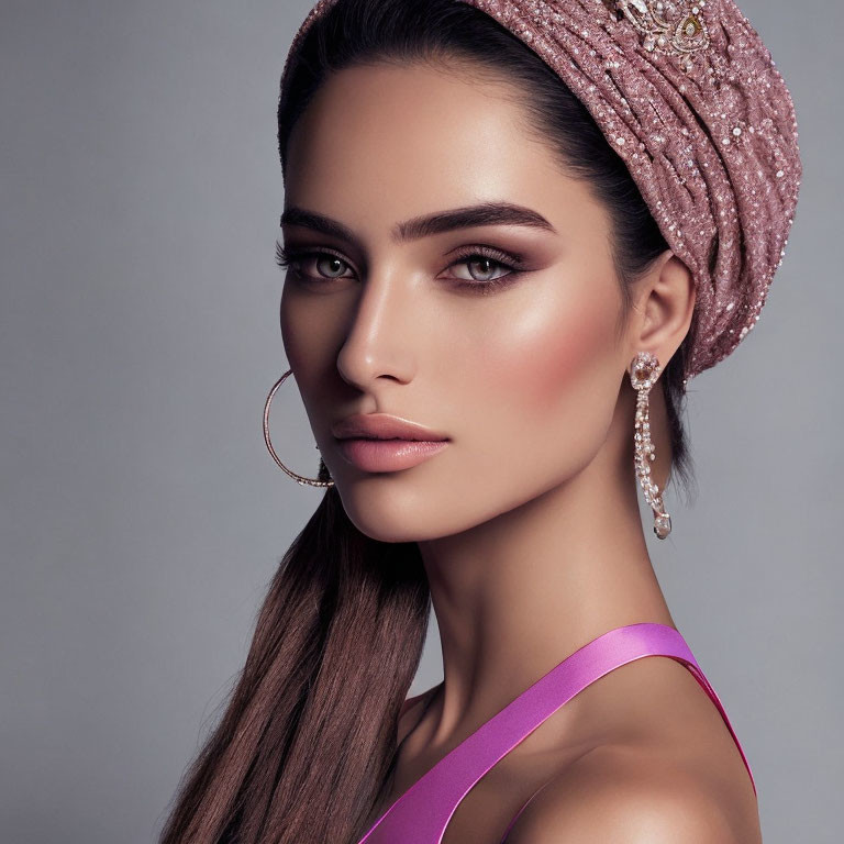 Professional makeup woman with pink headscarf and hoop earrings gazes at camera