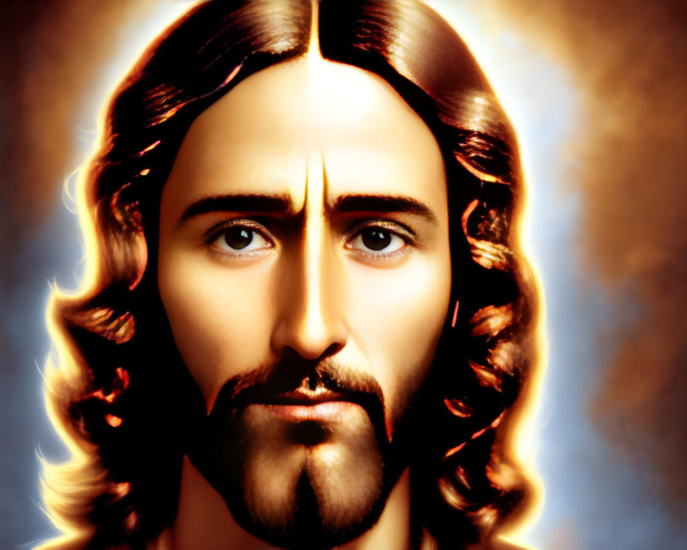 Religious painting of serene Jesus Christ with brown hair and glowing aura