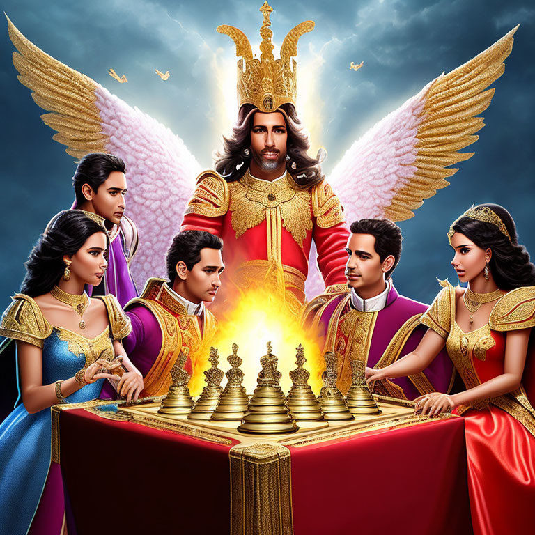 Fantasy characters on poster: winged figure, chessboard, regal individuals, dramatic sky