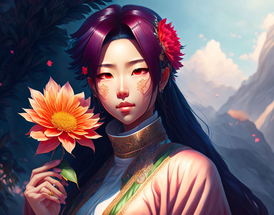 Illustrated portrait of woman with purple hair holding orange flower against serene mountain backdrop