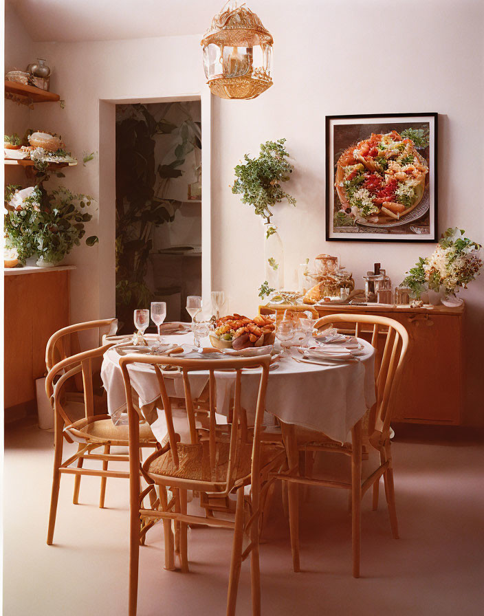 Wooden table dining room setup with bamboo chairs and framed artwork