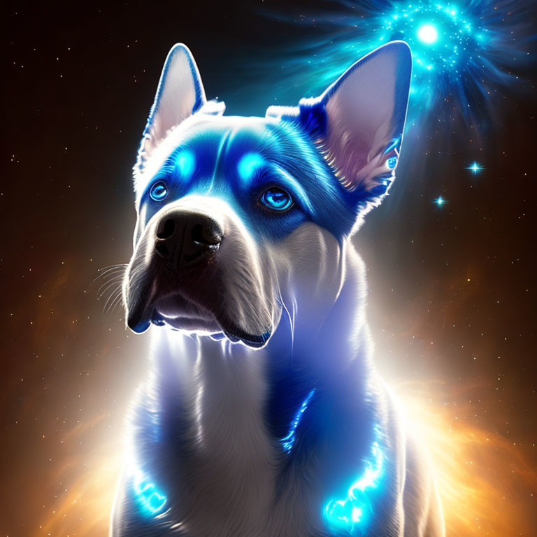 Luminous blue-eyed dog in cosmic digital art