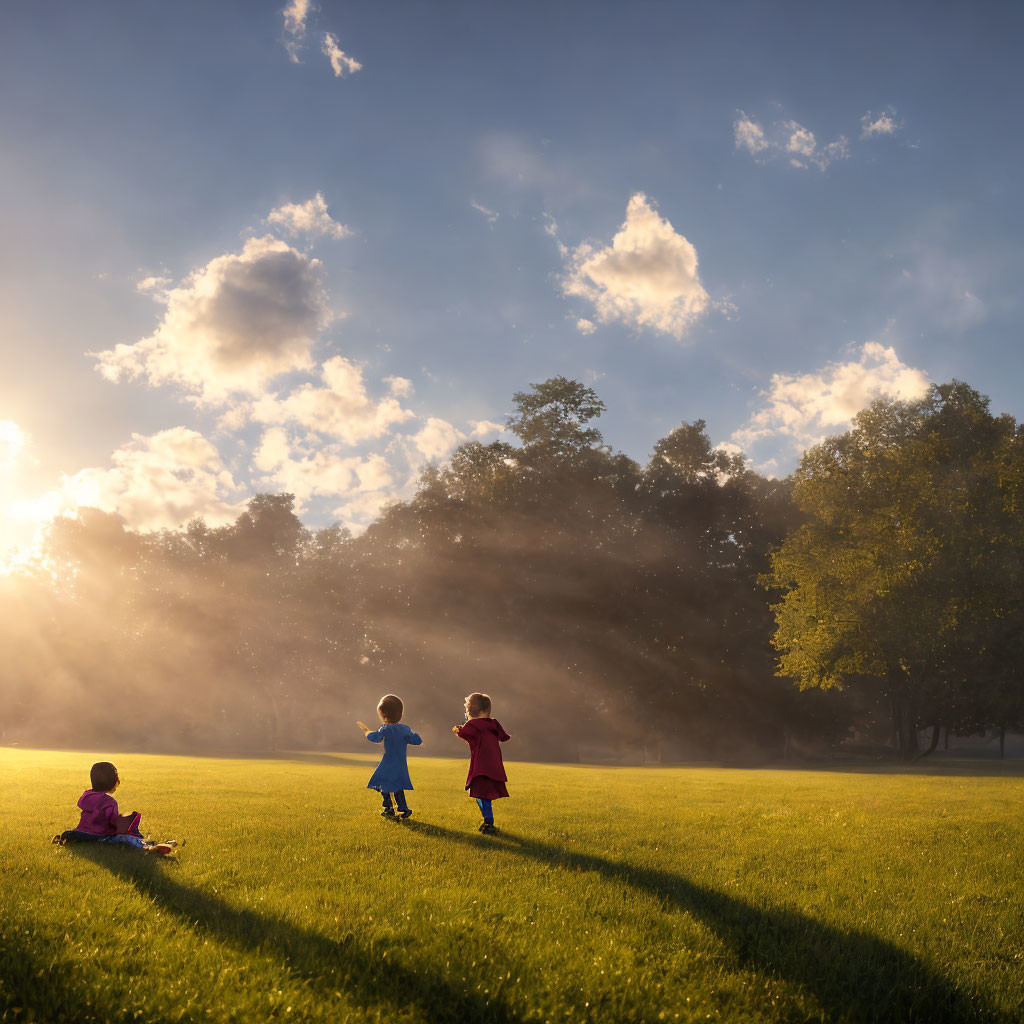 Children playing in sunlit park with dramatic sunbeams and long shadows.