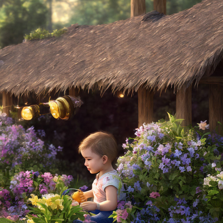 Toddler sitting among vibrant flowers near thatched-roof structure with floating honey pot.