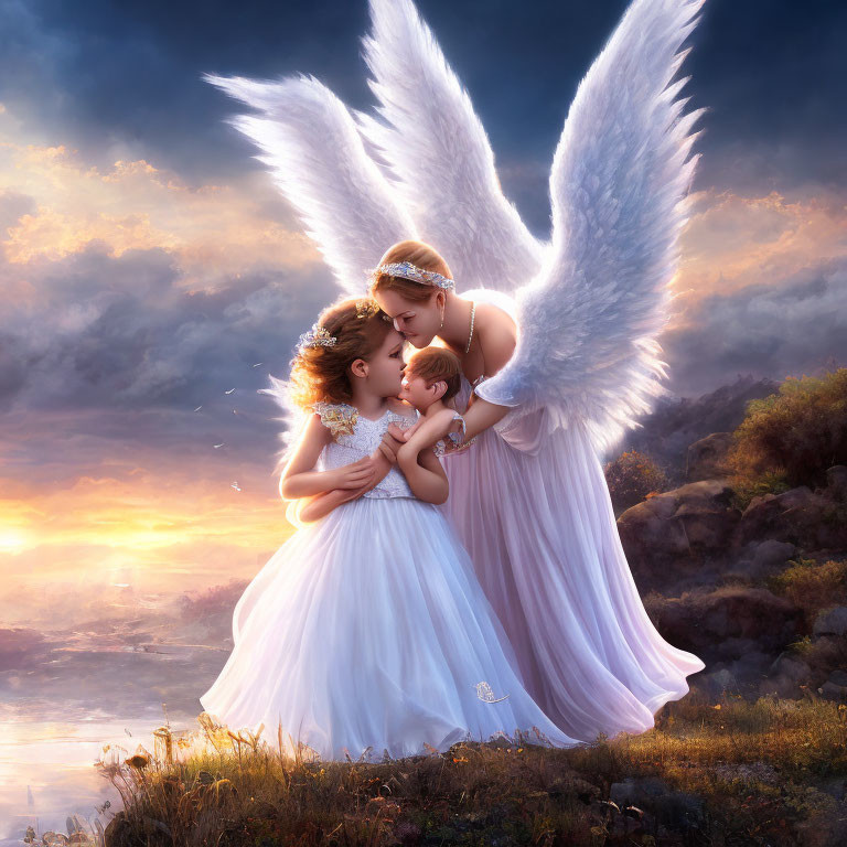 Digital artwork: Angelic figures embrace child in heavenly sunset.