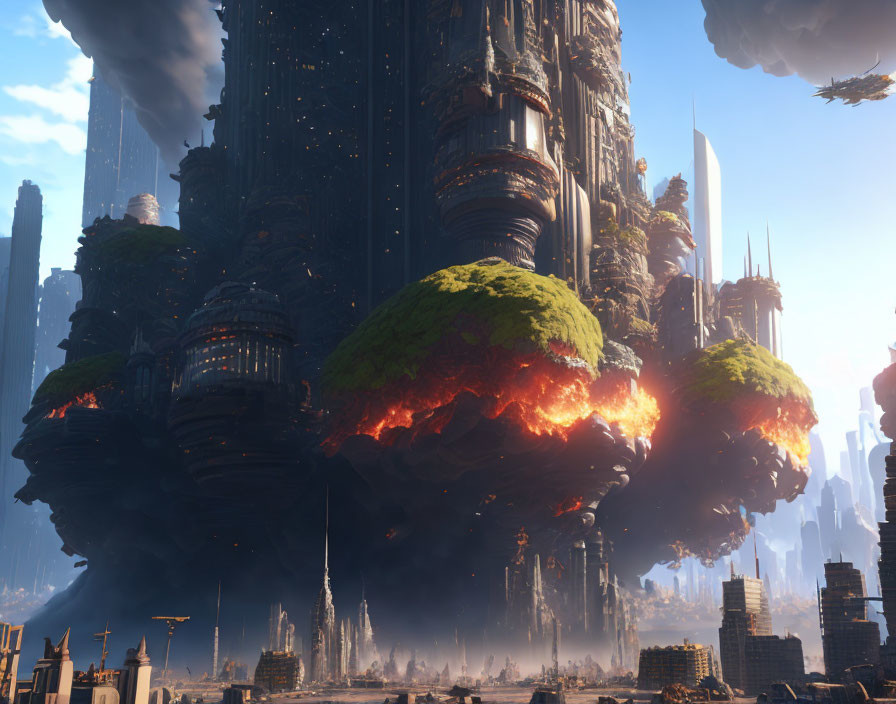 Dark skyscrapers, flying vehicles, and fiery tree-like structures in futuristic cityscape