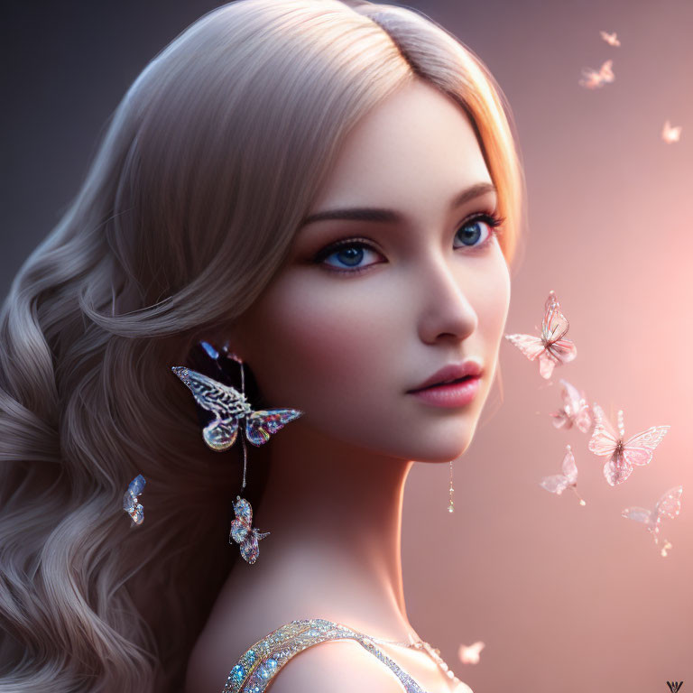 Blonde Woman Portrait with Butterfly Earrings and Fluttering Butterflies