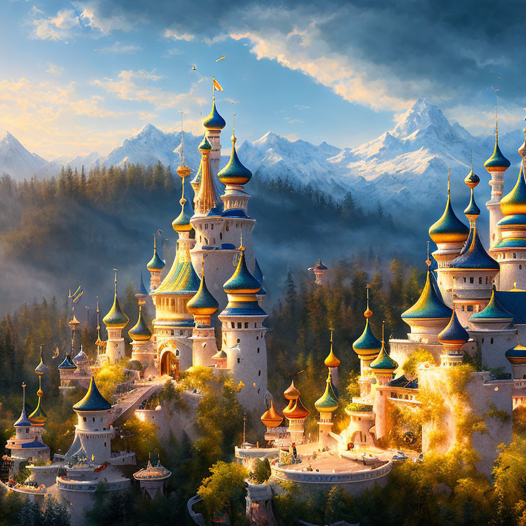 Majestic fairy-tale castle on hill in forest with spires and mountains