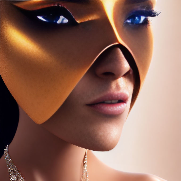 Person with Striking Blue Eyes in Metallic Gold Mask and Earrings