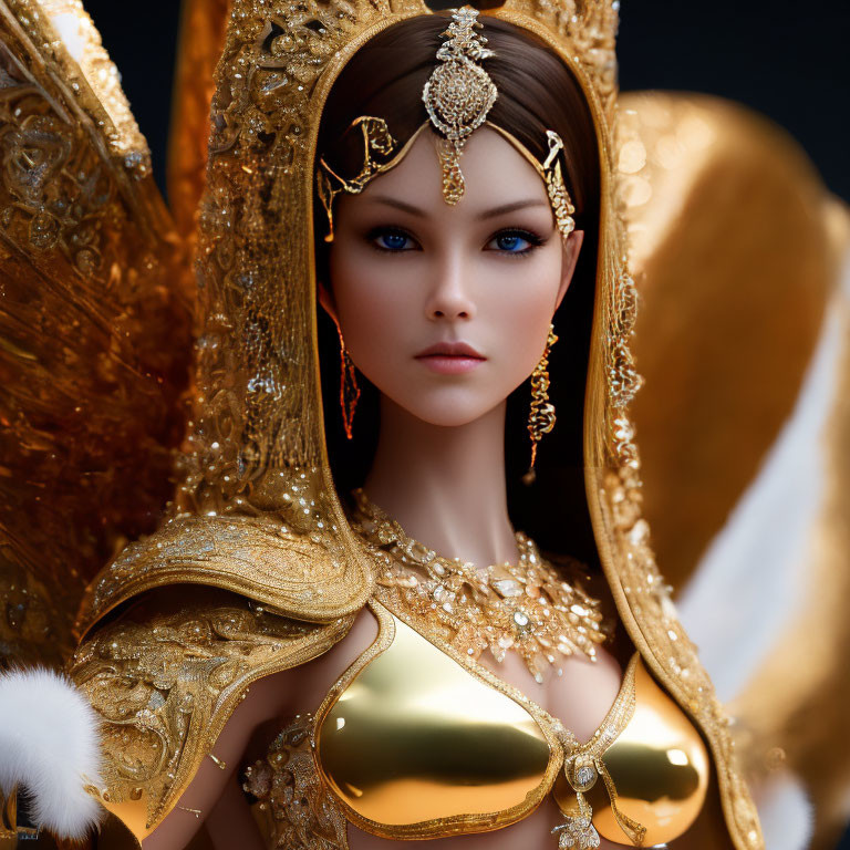 Intricate Gold-Adorned Doll with Blue Eyes and White Wings