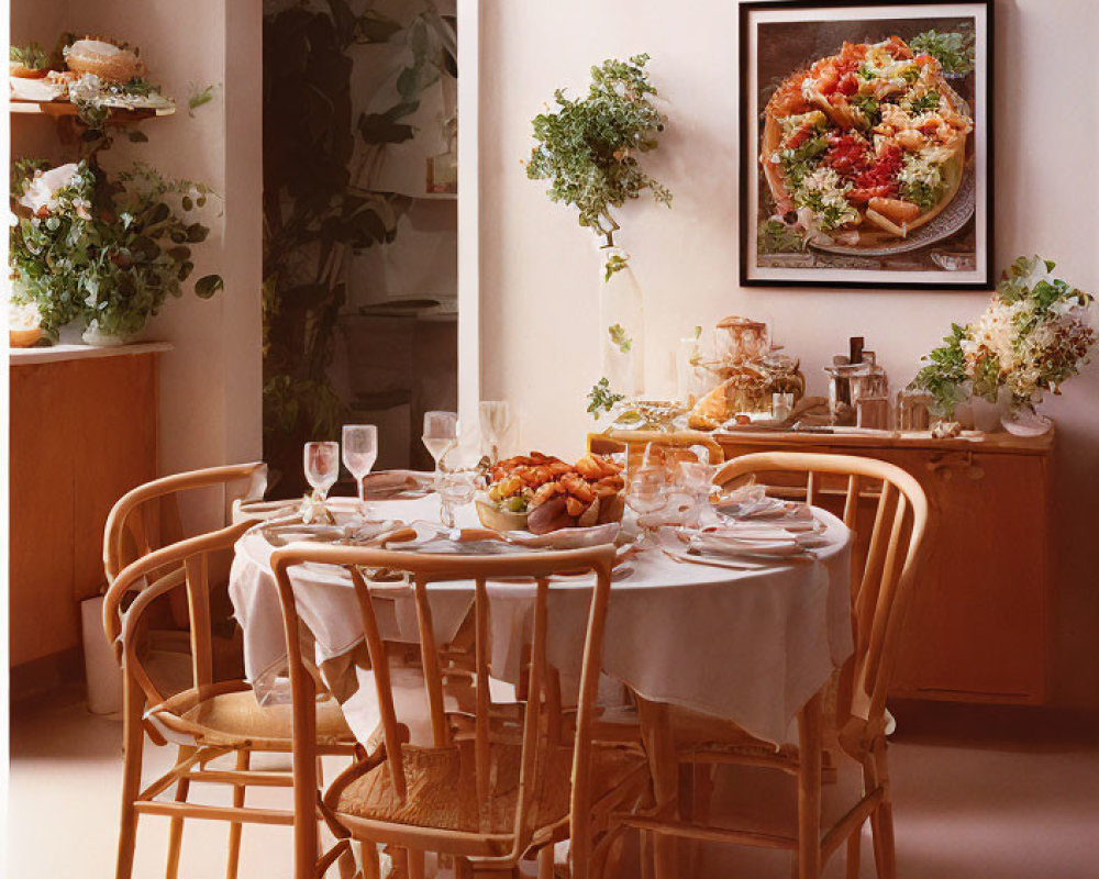 Wooden table dining room setup with bamboo chairs and framed artwork