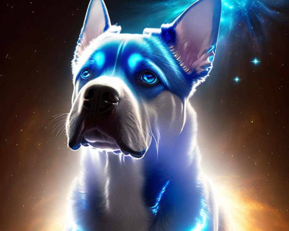 Luminous blue-eyed dog in cosmic digital art