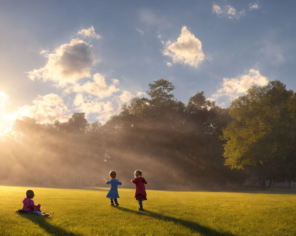 Children playing in sunlit park with dramatic sunbeams and long shadows.