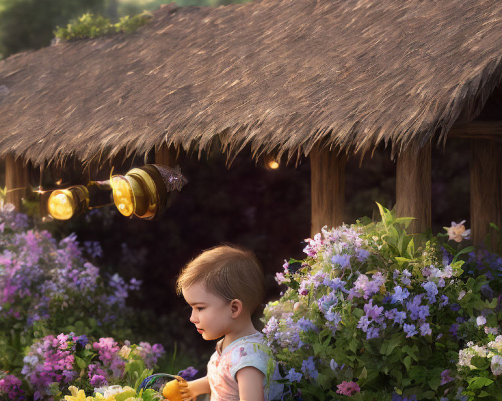 Toddler sitting among vibrant flowers near thatched-roof structure with floating honey pot.