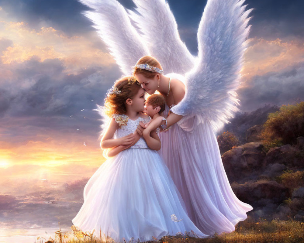 Digital artwork: Angelic figures embrace child in heavenly sunset.