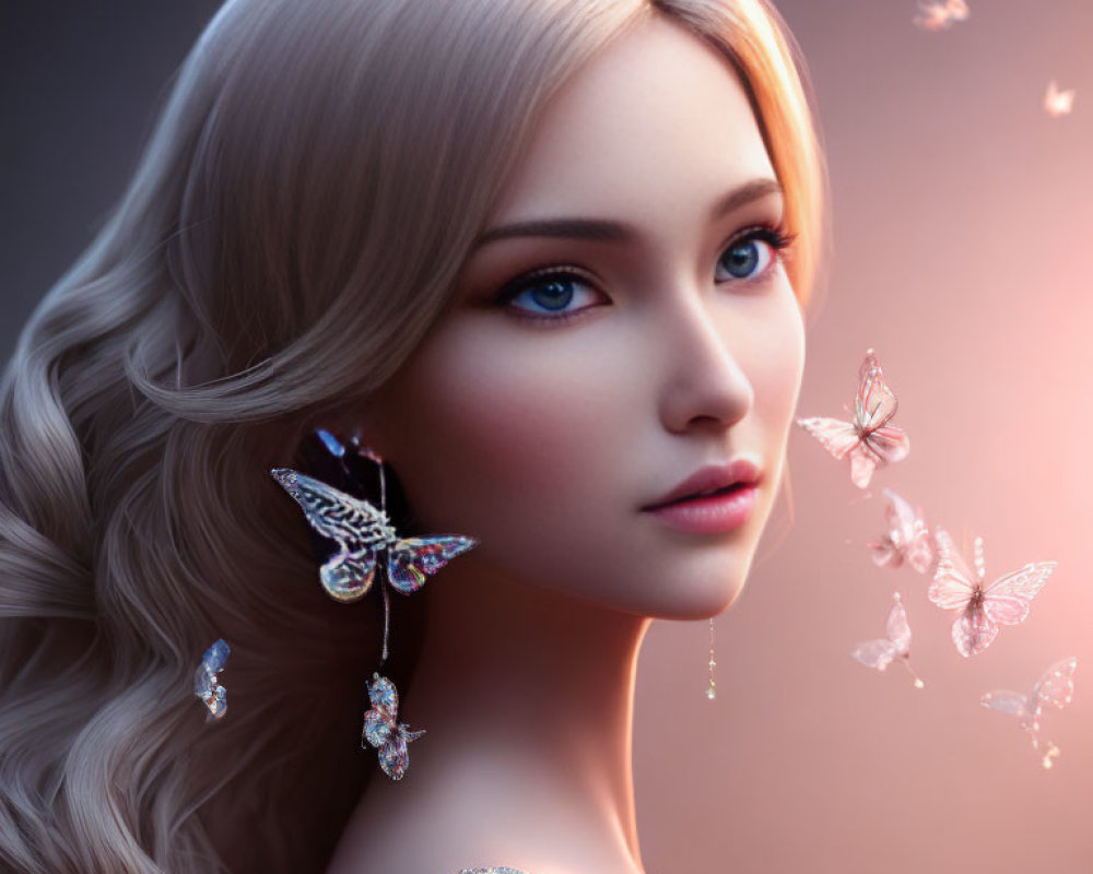 Blonde Woman Portrait with Butterfly Earrings and Fluttering Butterflies