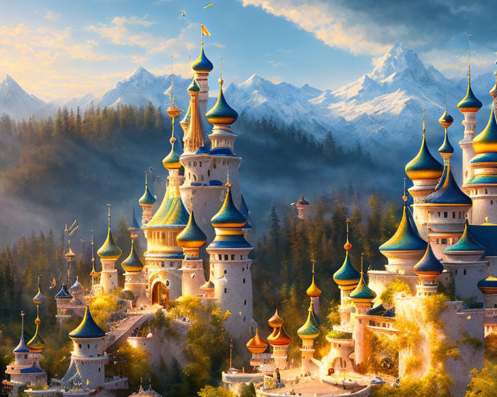 Majestic fairy-tale castle on hill in forest with spires and mountains