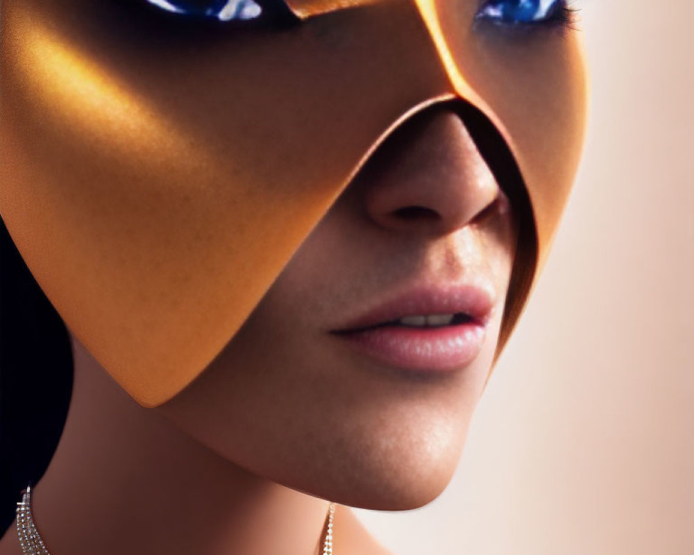 Person with Striking Blue Eyes in Metallic Gold Mask and Earrings