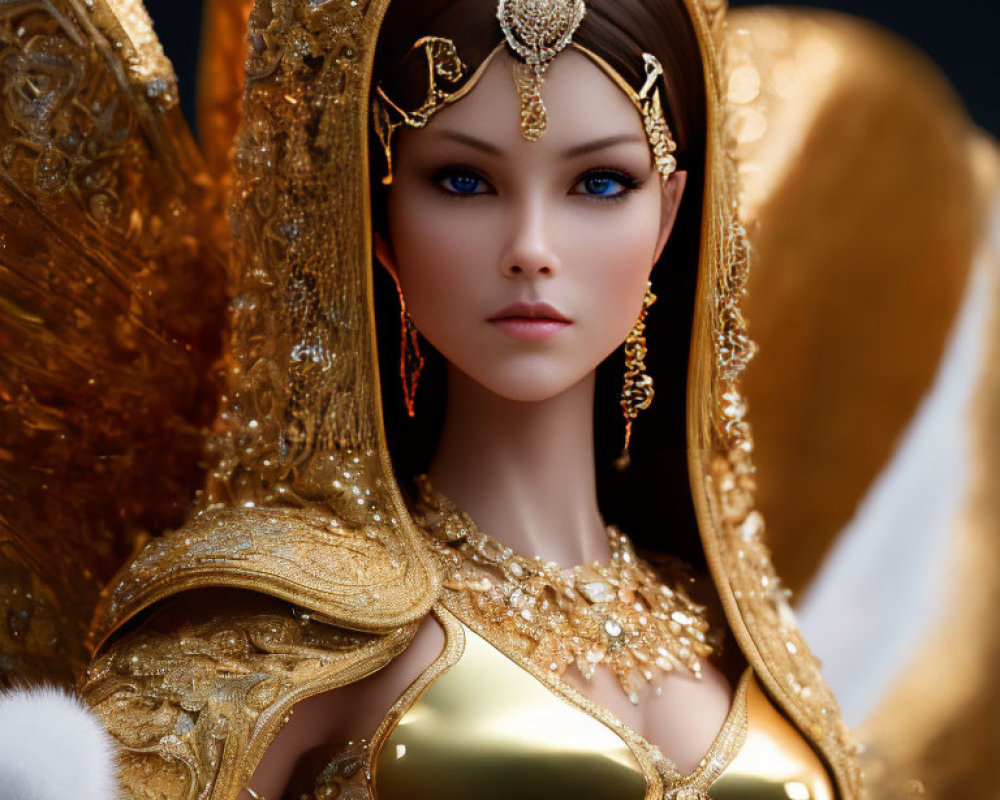 Intricate Gold-Adorned Doll with Blue Eyes and White Wings