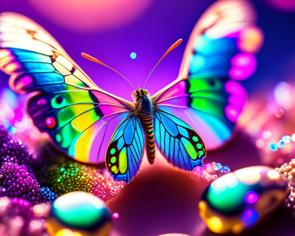 Colorful Butterfly on Beads Under Bright Bokeh Lights