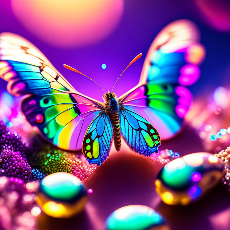 Colorful Butterfly on Beads Under Bright Bokeh Lights