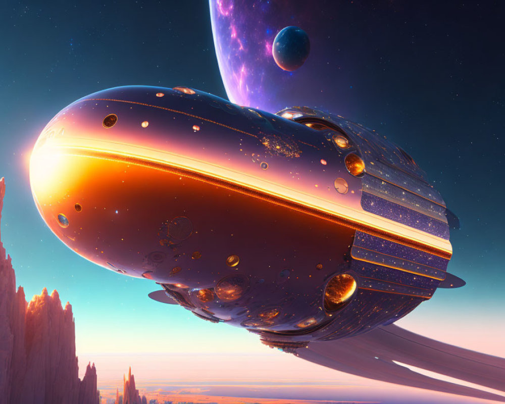 Sleek futuristic spaceship flying over alien landscape with large planet and colorful sky