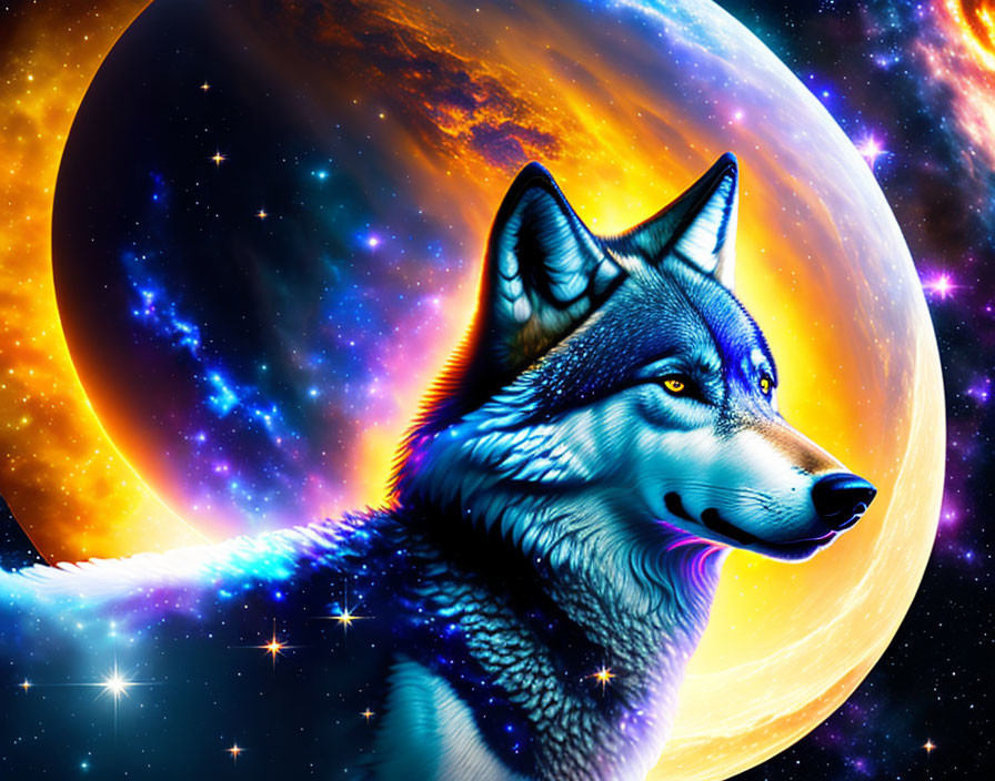 Colorful Wolf Profile Artwork with Cosmic Background