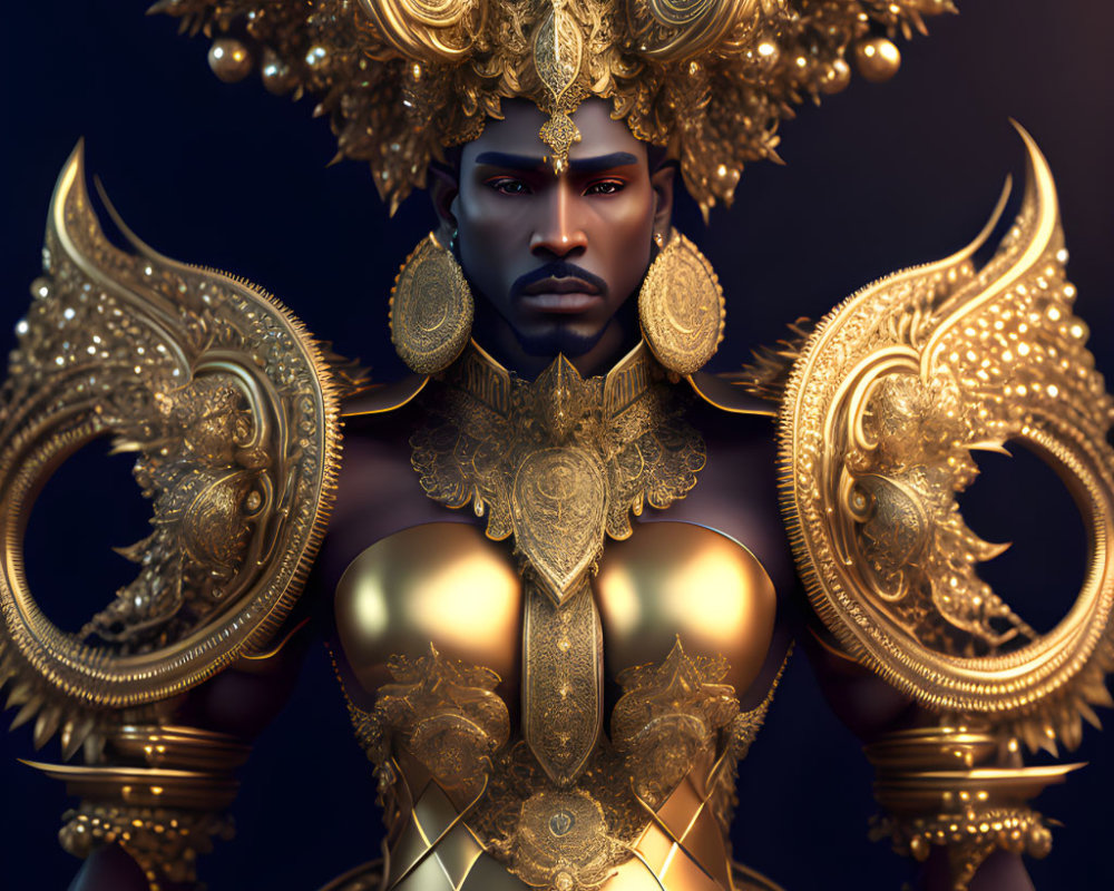 Detailed digital artwork: Person in ornate golden armor with regal headdress & shoulder pieces