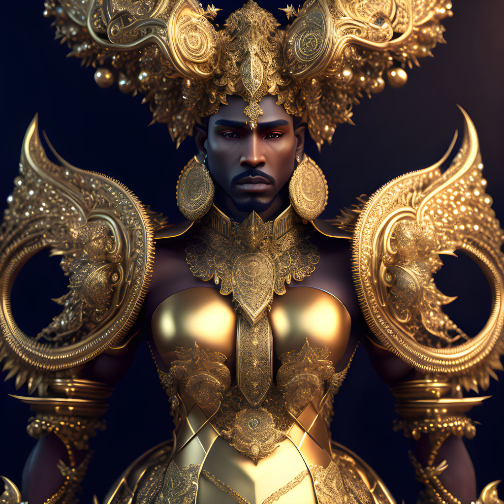 Detailed digital artwork: Person in ornate golden armor with regal headdress & shoulder pieces