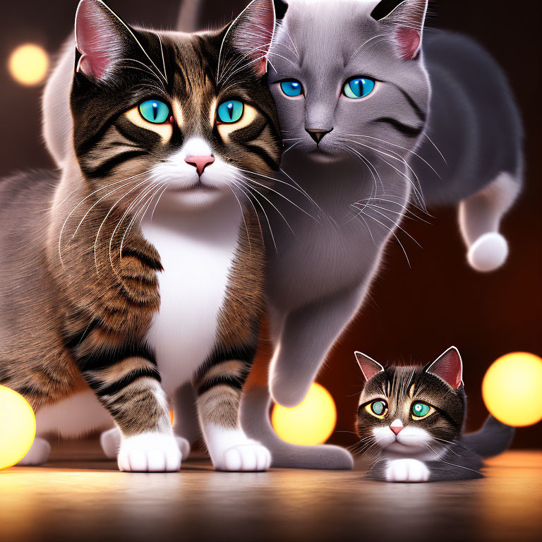 Realistic anthropomorphic cartoon cats with vibrant blue eyes and warm lights